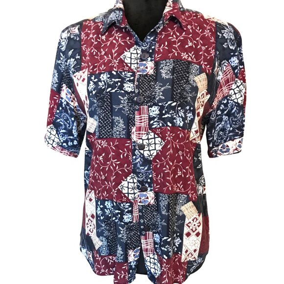 Jessica Stevens Paisley Floral Blouse: Vintage 80s Rayon Tunic, Magenta Blue, M - Picture 1 of 9